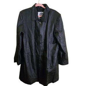 Comint Vintage Black Leather Car Coat Full Zip Pockets Quilted Lining Size L
